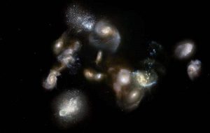 A massive protocluster of merging galaxies