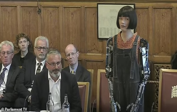 Robot makes debut in Britain's parliament but 'falls ASLEEP mid-flow': Bizarre moment humanoid Ai-Da becomes cross-eyed and zombie-like during debate about whether creativity is under attack from AI