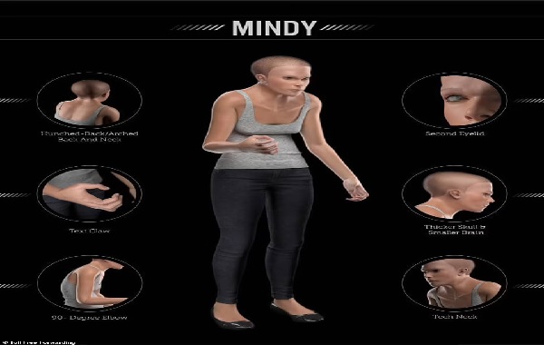 Hunchbacked and wide-necked with a 'text-claw thumb' Grotesque model 'Mindy' reveals what humans could look like in the year 3000 thanks to our reliance on technology