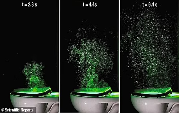 Why you should always close the lid before you flush: Disgusting footage reveals how a plume of particles can reach 5 FEET above the toilet within 8 seconds – with some particles lingering for minutes