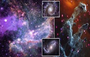 The universe's TRUE colours: NASA combines images from James Webb and Chandra X-ray Observatory to reveal two galaxies, a nebula and a star cluster in stunning detail