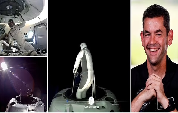 Billionaire steps outside his SpaceX capsule in 'dangerous' first ever private spacewalk... as his historic first words are revealed